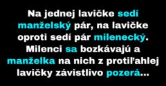 Manželský pár pozoruje správanie mileneckého páru nedaľeko (Vtip)
